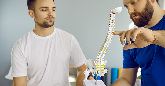 Osteopath klärt Patienten über Wirbelsäule anhand eines Modells auf